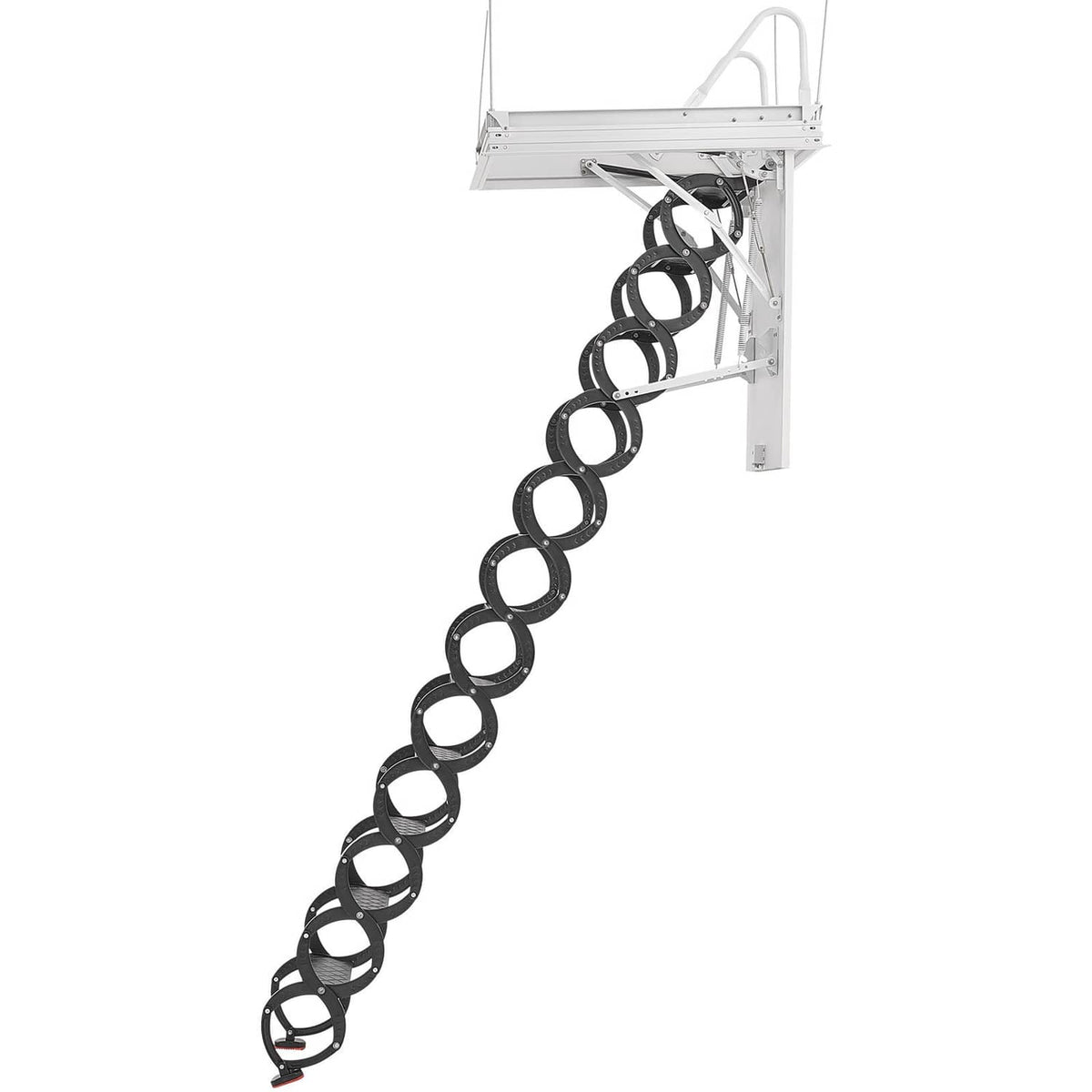 Ceiling-mounted attic ladder with curved ladder frame and round dark steps