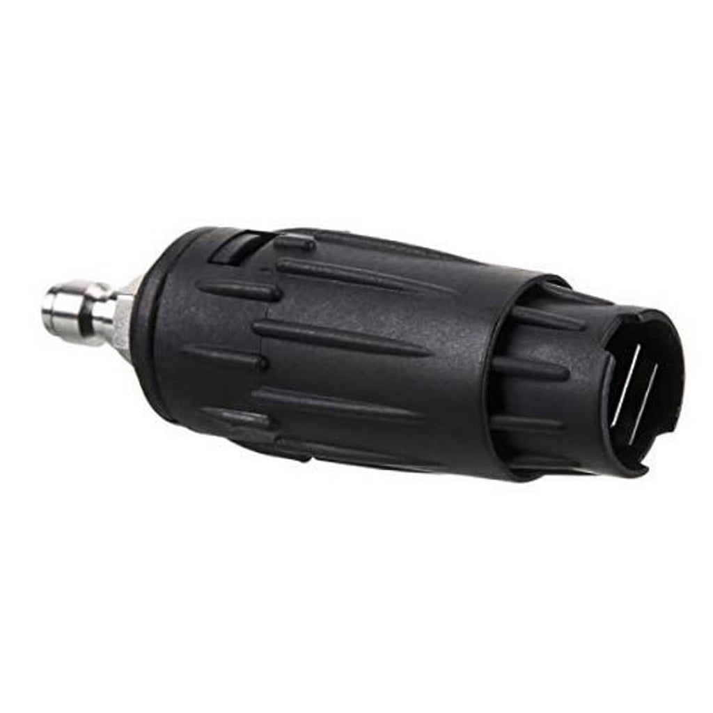 Black pressure washer nozzle tip with quick-connect fitting and adjustable spray pattern