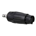 Black pressure washer nozzle tip with quick-connect fitting and adjustable spray pattern