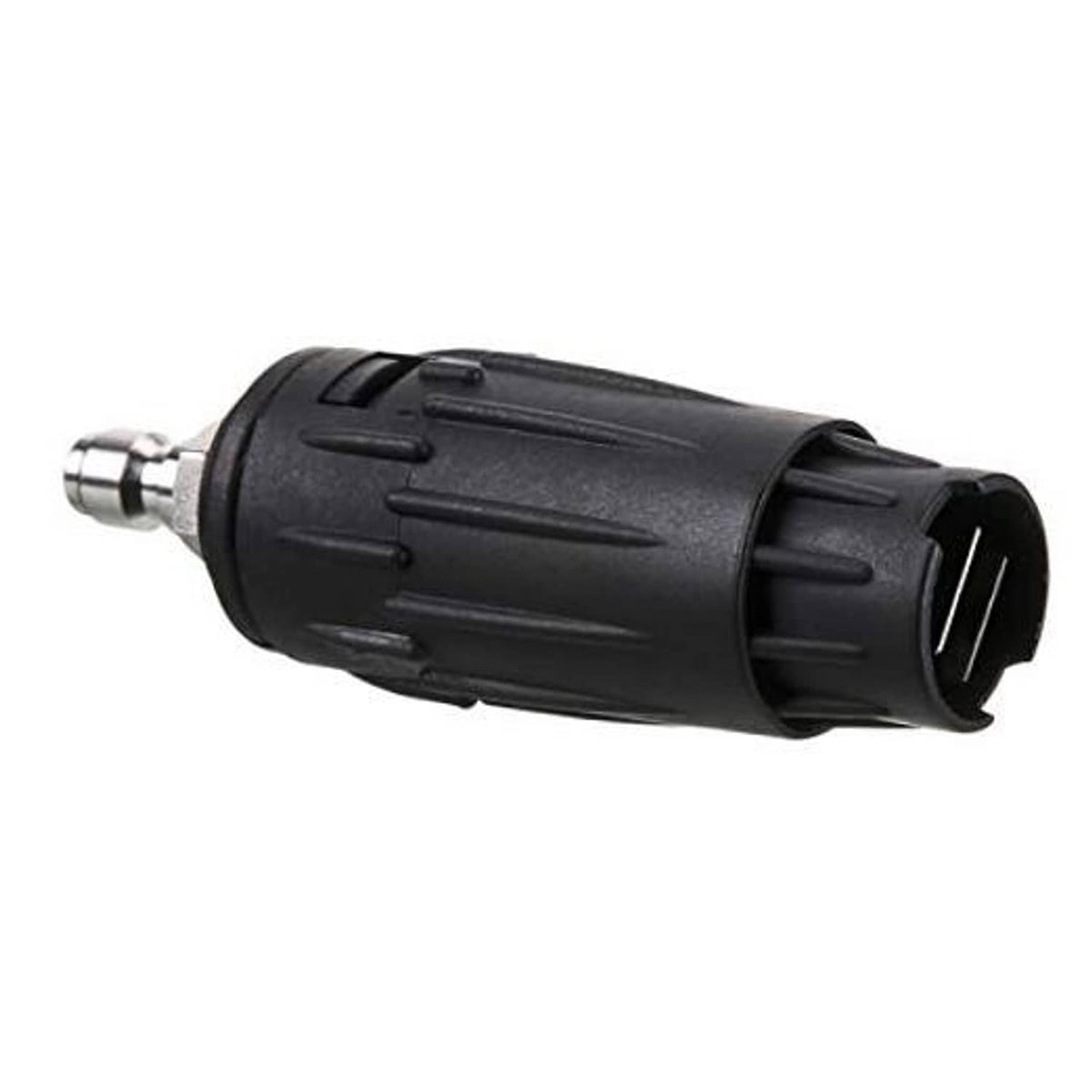 Black pressure washer nozzle tip with quick-connect fitting and adjustable spray pattern