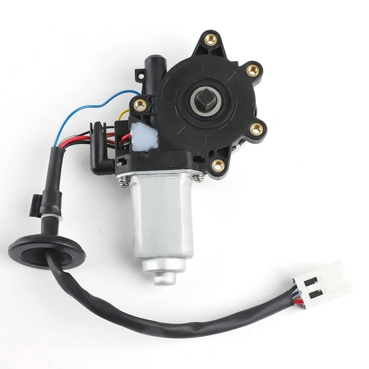 Front power window motor assembly with black motor housing and white connectors