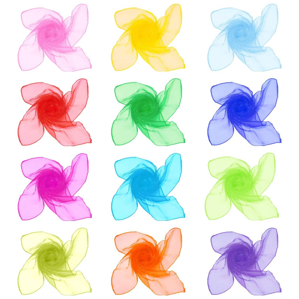 Square sheer silk juggling scarves arranged in rows, assorted bright colors