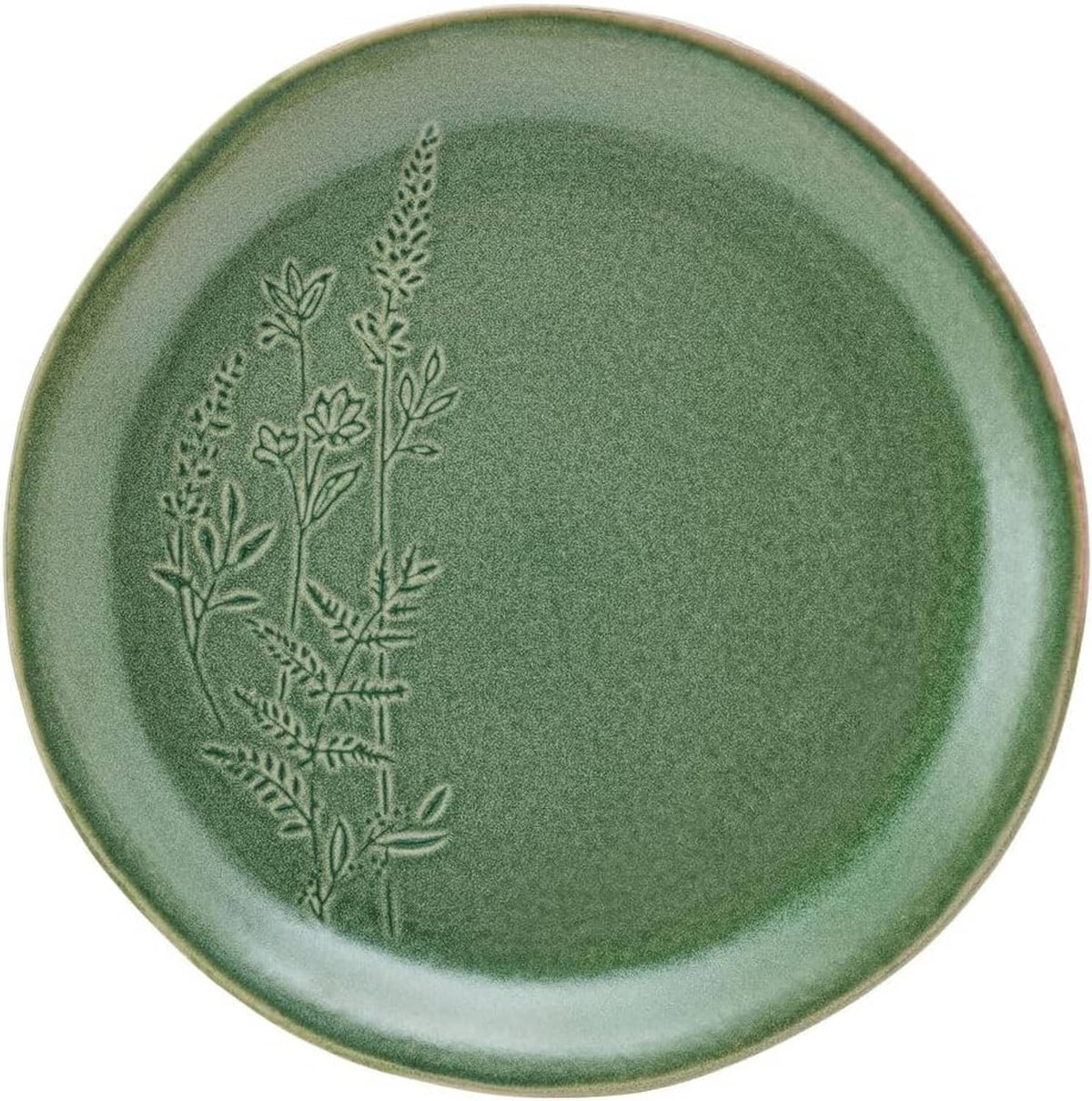 Single green dinner plate with embossed botanical branch pattern