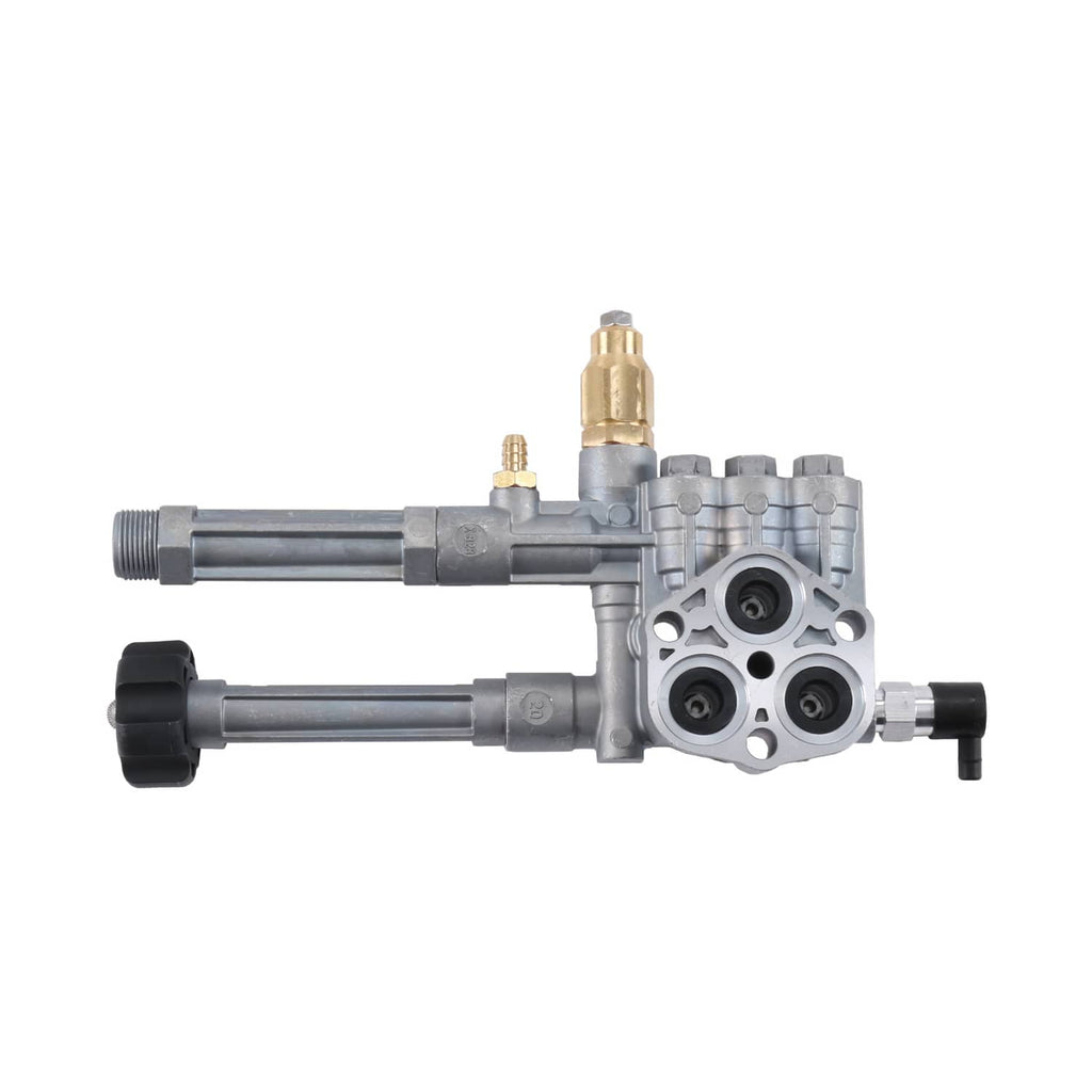 Complete pump head assembly with metal body, valve ports, and two brass fittings