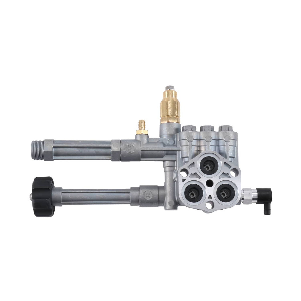 Complete pump head assembly with metal body, valve ports, and two brass fittings