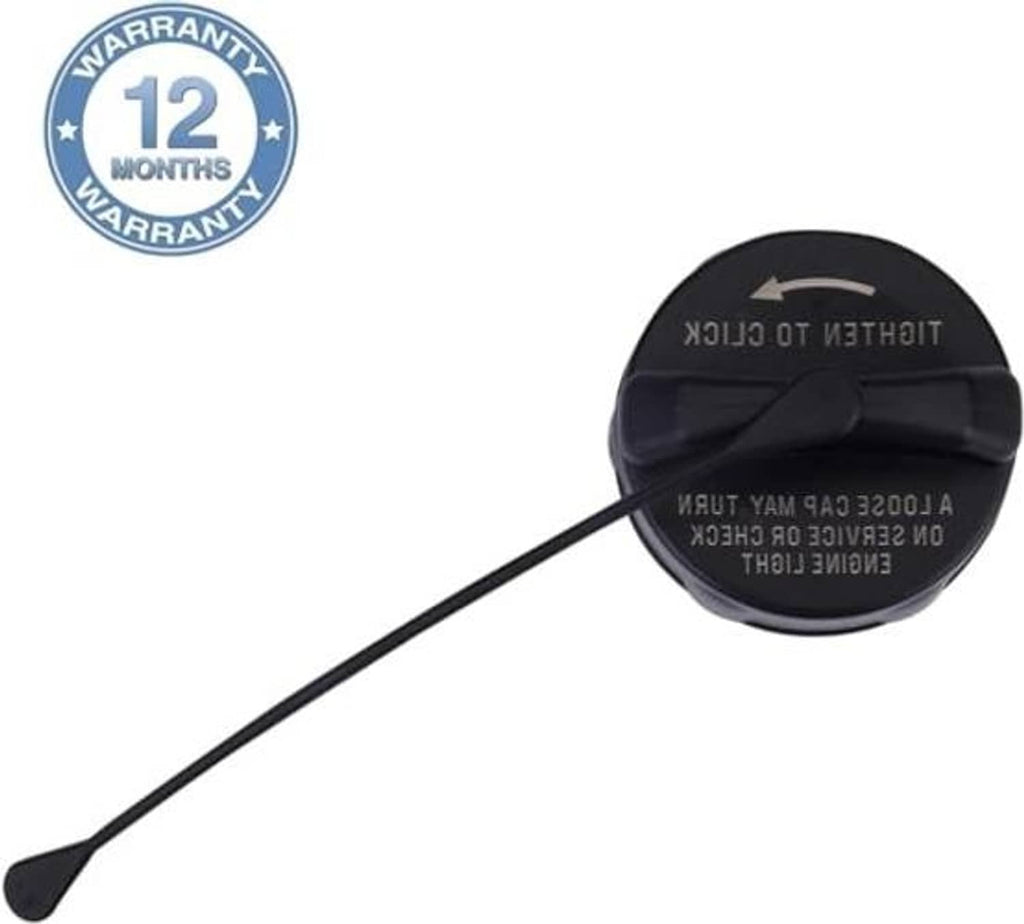 Fuel tank filler cap with tether cord and tighten-to-click arrow marking