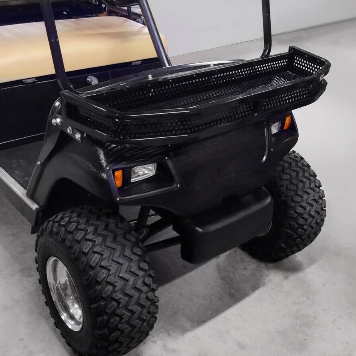 Black front golf cart basket with perforated metal tray and side brackets