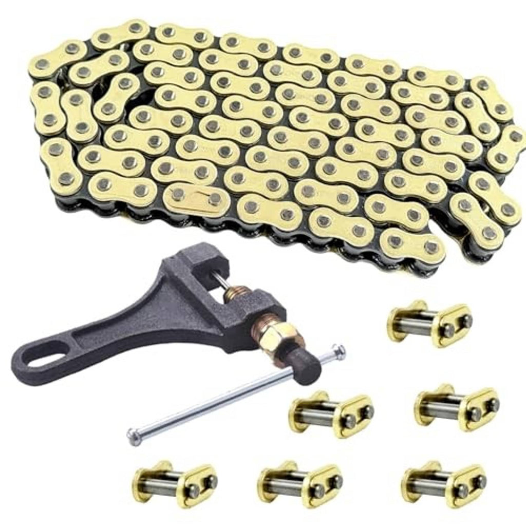 Gold 428 motorcycle chain with black chain breaker tool and gold link pin set