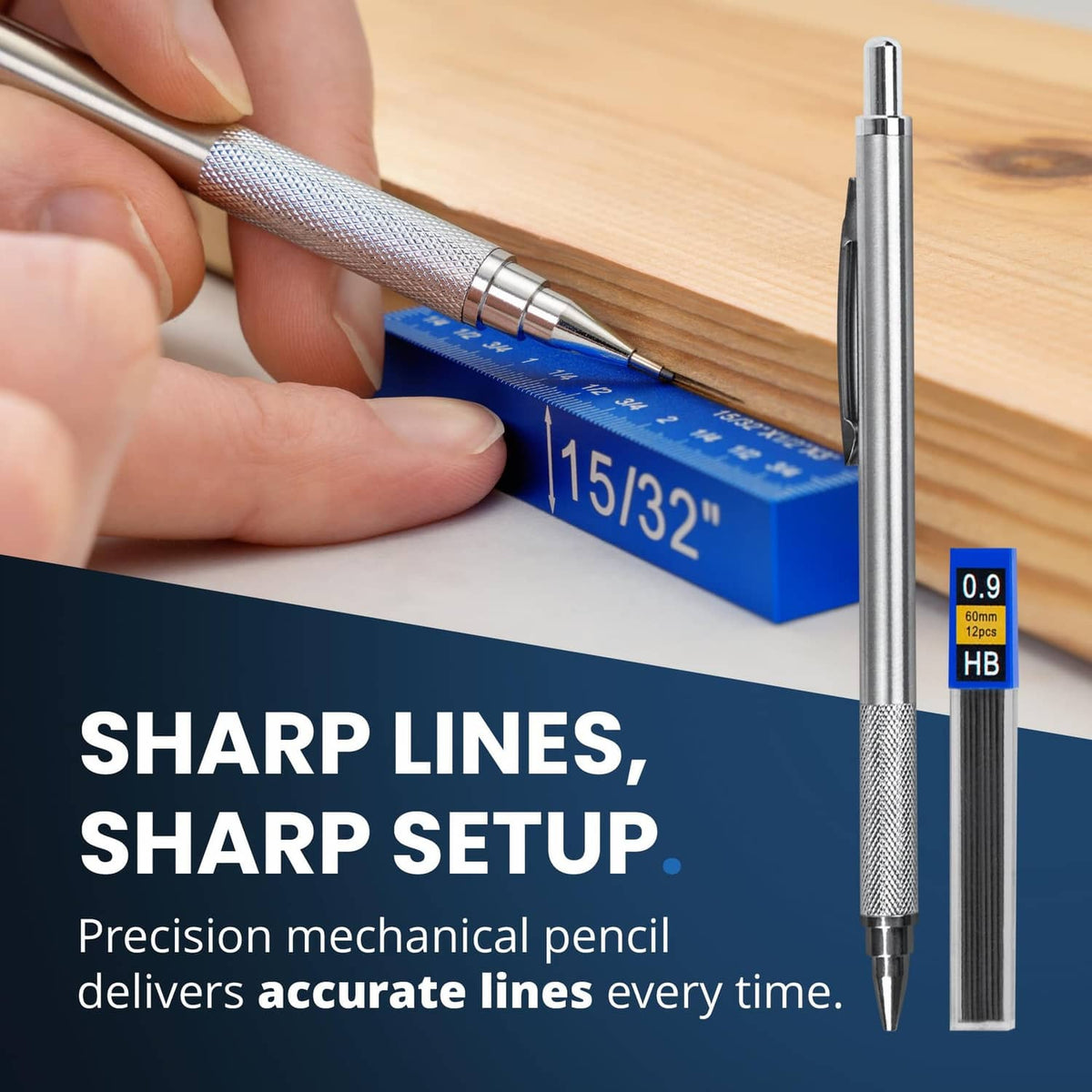 Blue measuring block with two silver mechanical pencils for precise lines