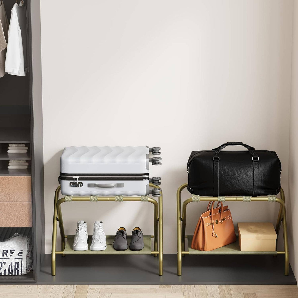 Foldable luggage rack set in closet with fabric shelves holding suitcases and shoes.