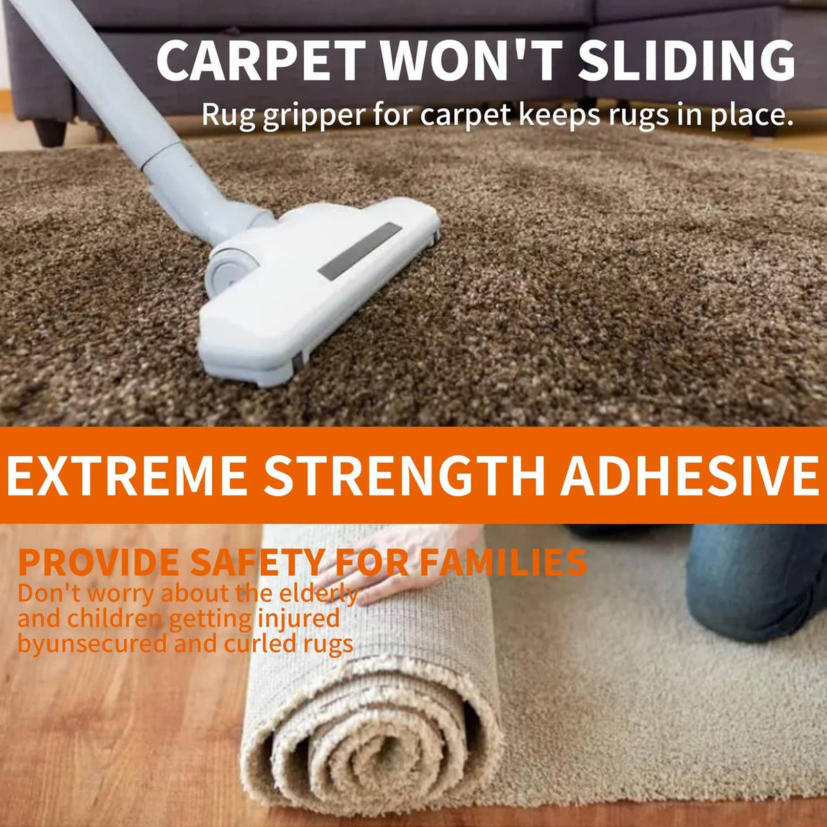Carpet tape adhesive gripper securing rug edge on carpet pile