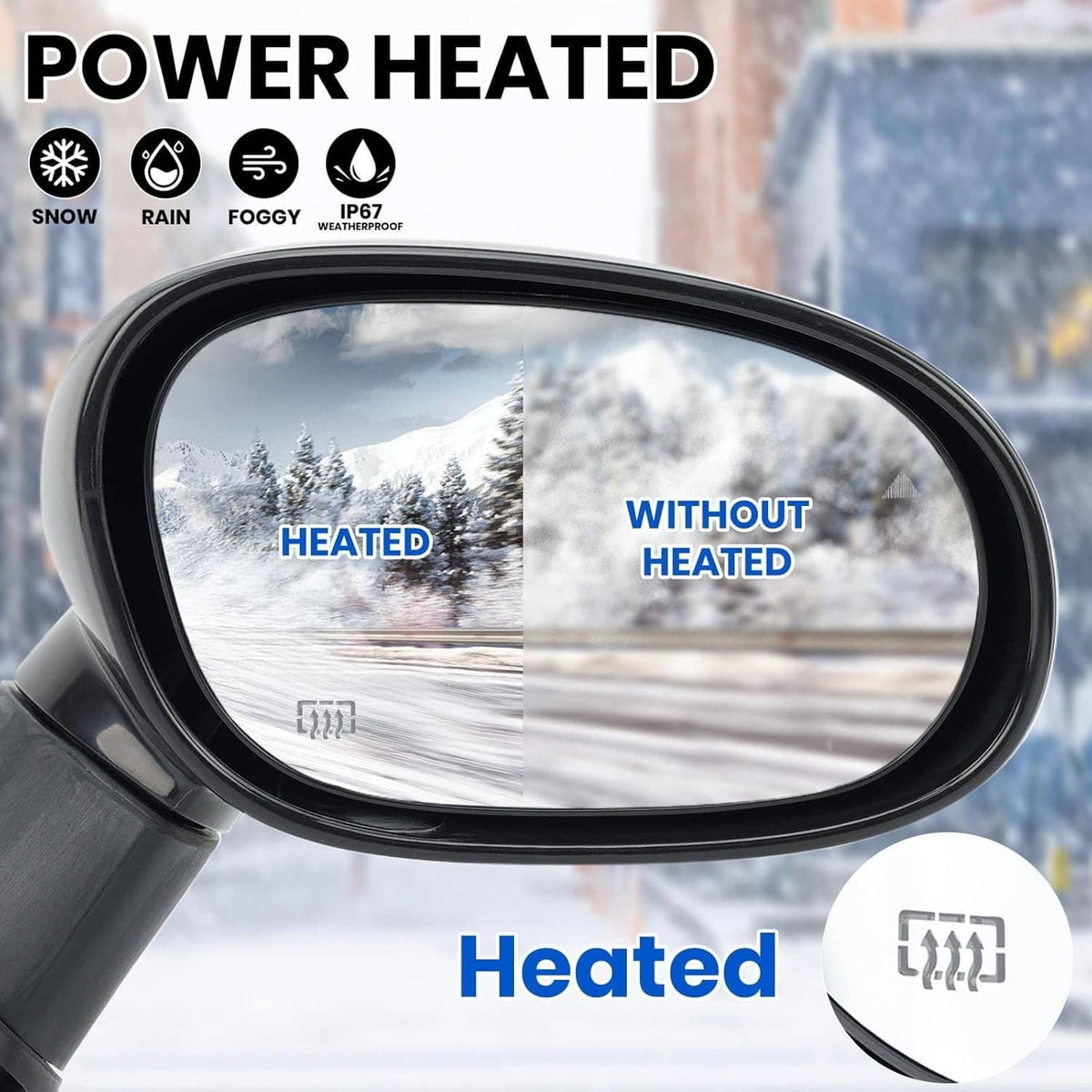 Black heated passenger side mirror showing heated vs non-heated view