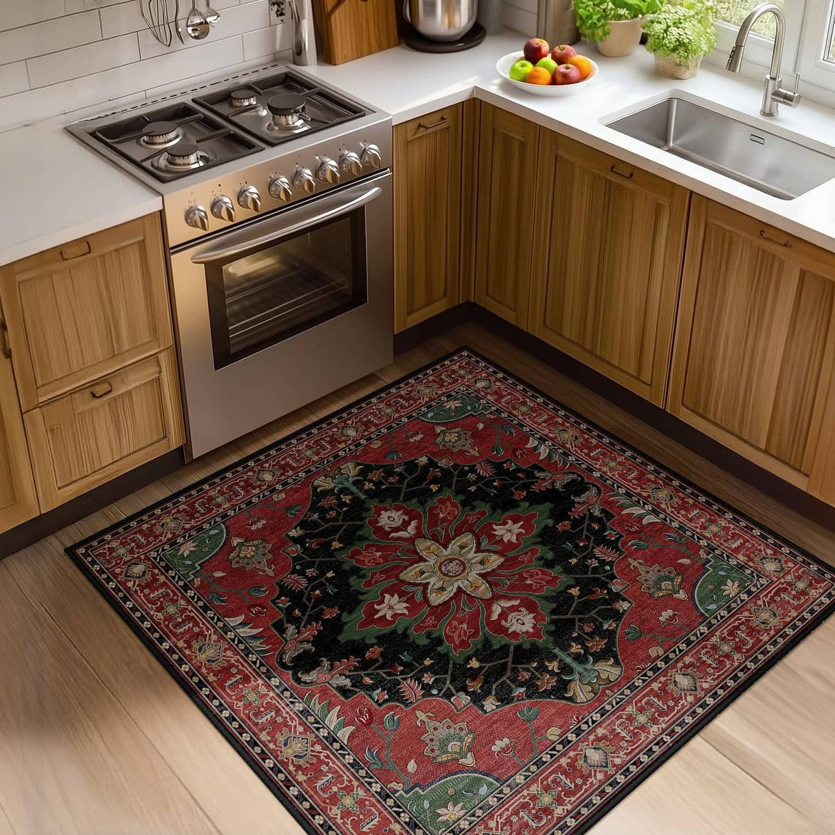 Square washable area rug with red, black, and green ornate floral medallion pattern