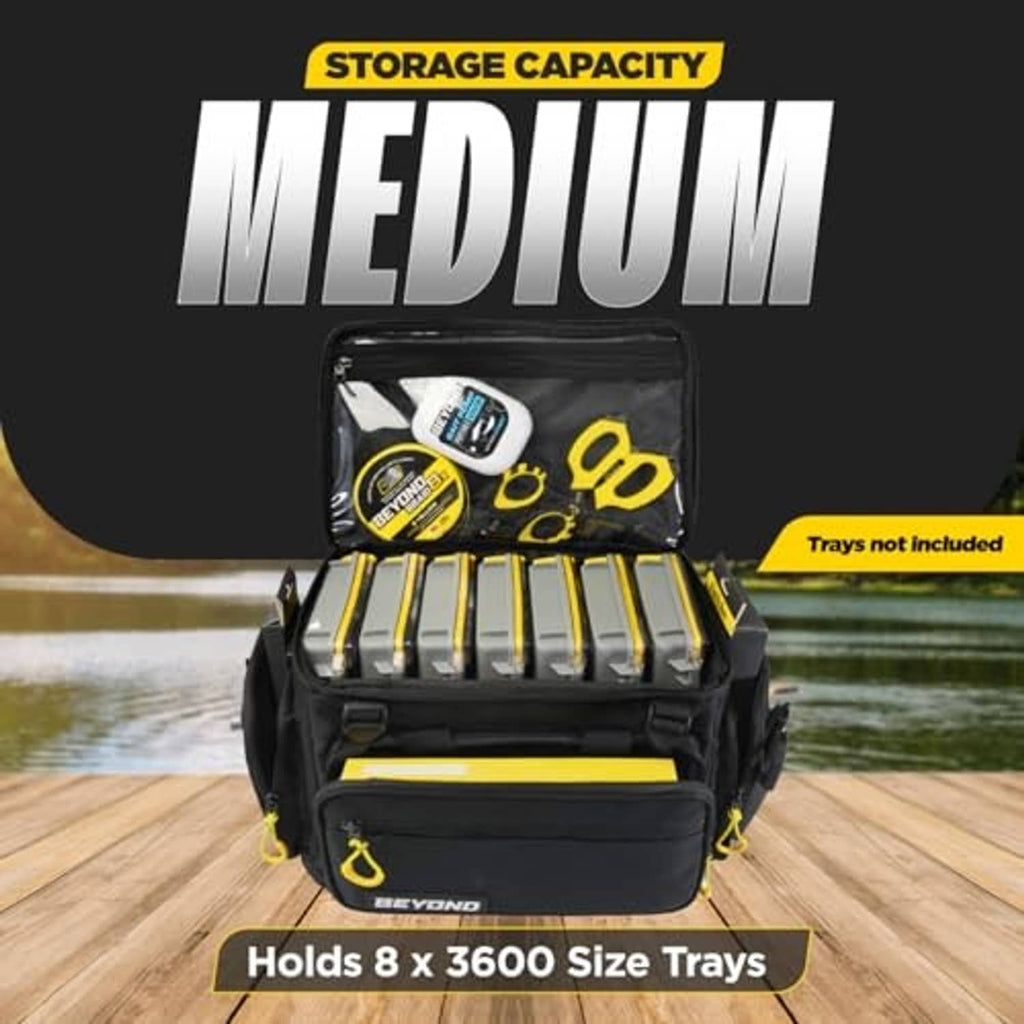 Black tackle bag with open lid and yellow divider trays; molded top storage compartment.