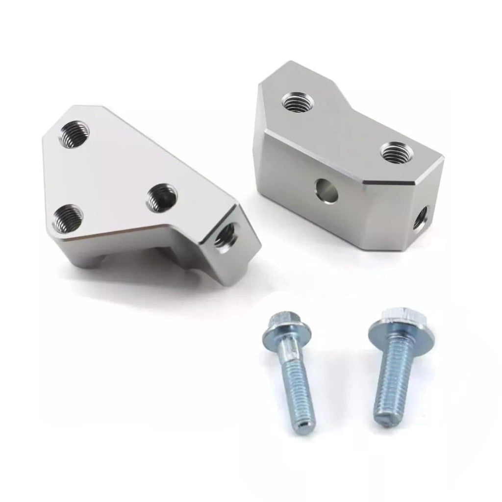Knock sensor relocation bracket kit, two silver brackets and mounting bolts