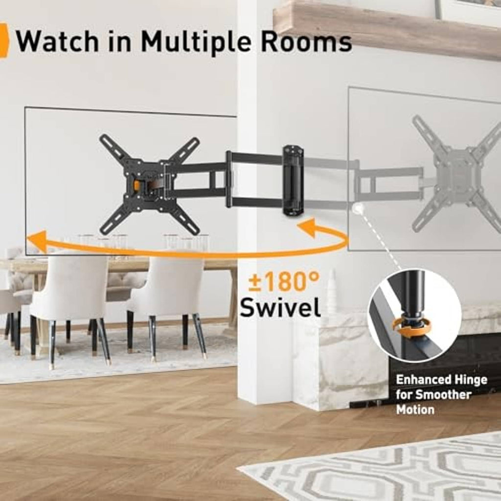 Corner TV mount with wide swivel range and enhanced hinge for smoother motion