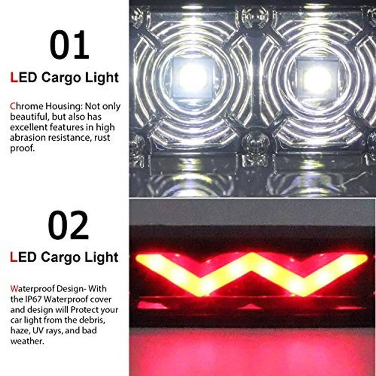 Smoked-lens LED third brake light with bright red chevron glow