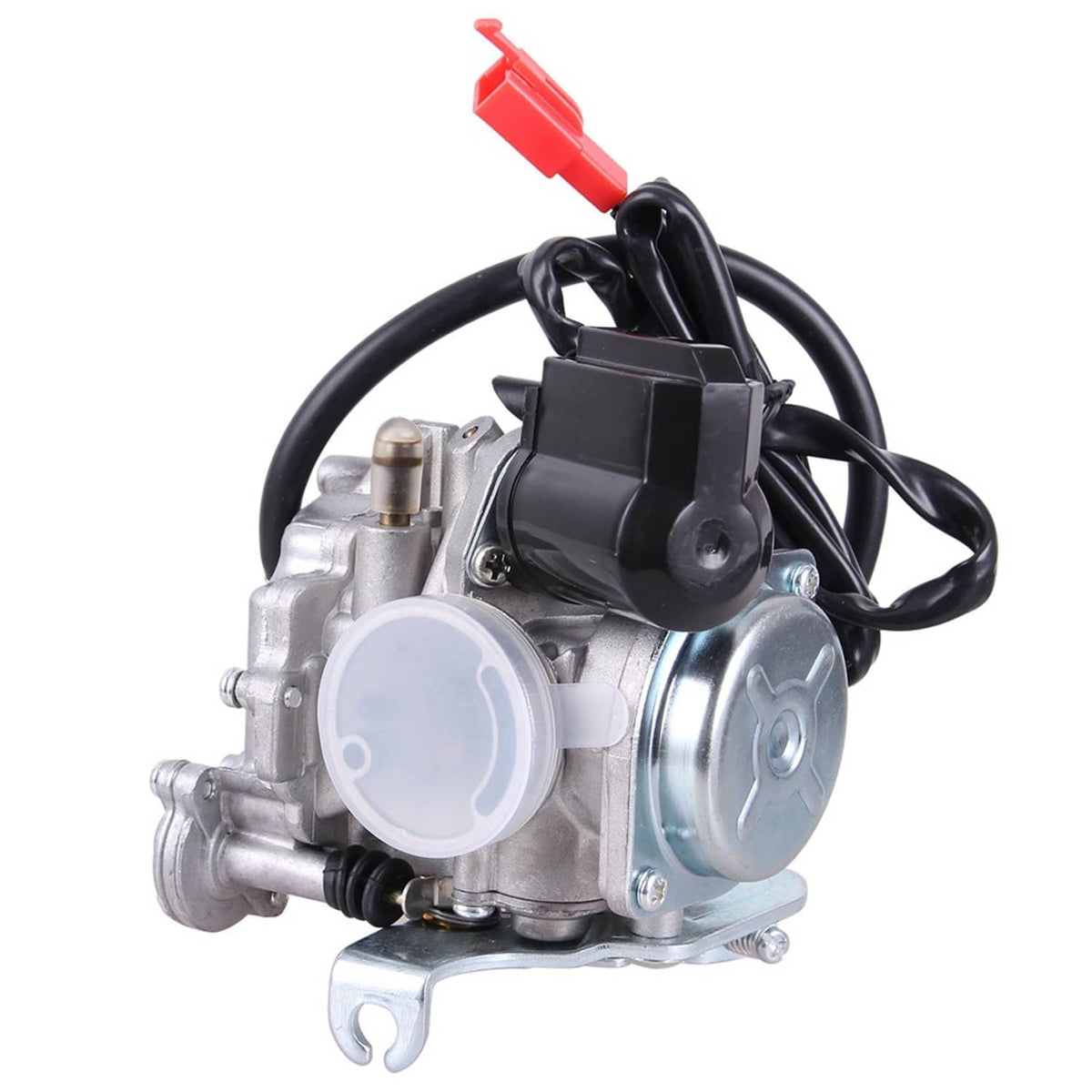 Carburetor with translucent diaphragm cover, black control unit, and red-tipped wire