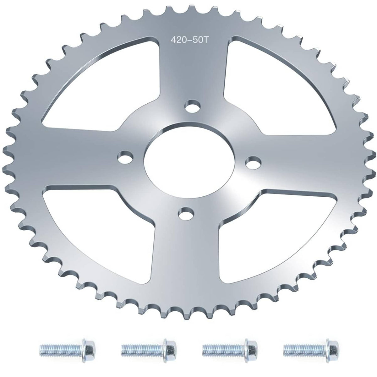 420-50T sprocket gear with 50 teeth, silver metal finish and center mounting bore