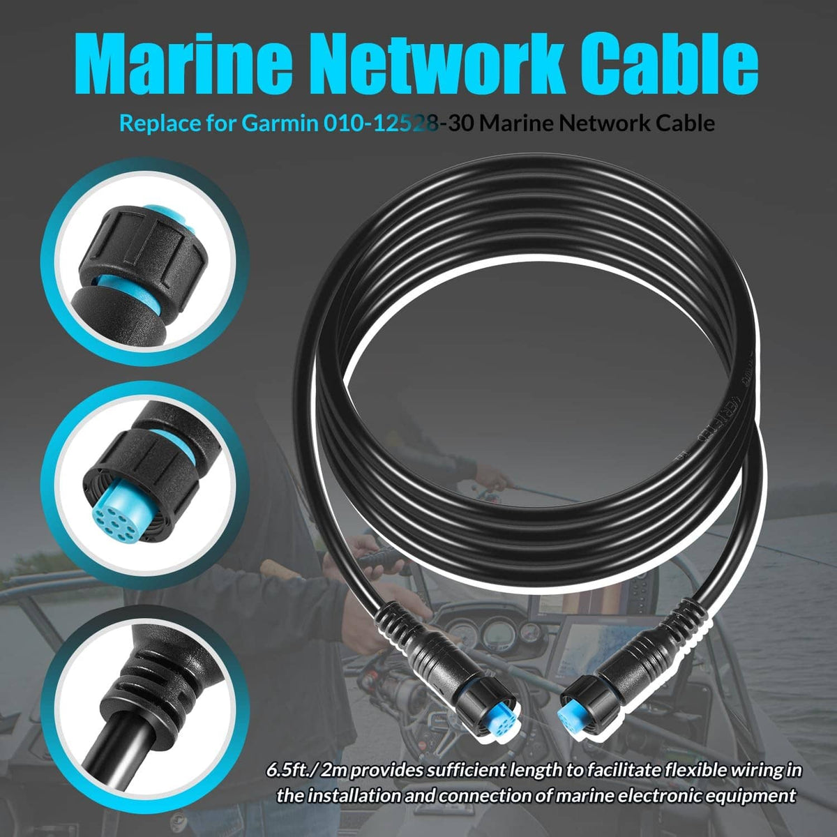Coiled black marine network cable with blue small connector tips and ribbed strain relief