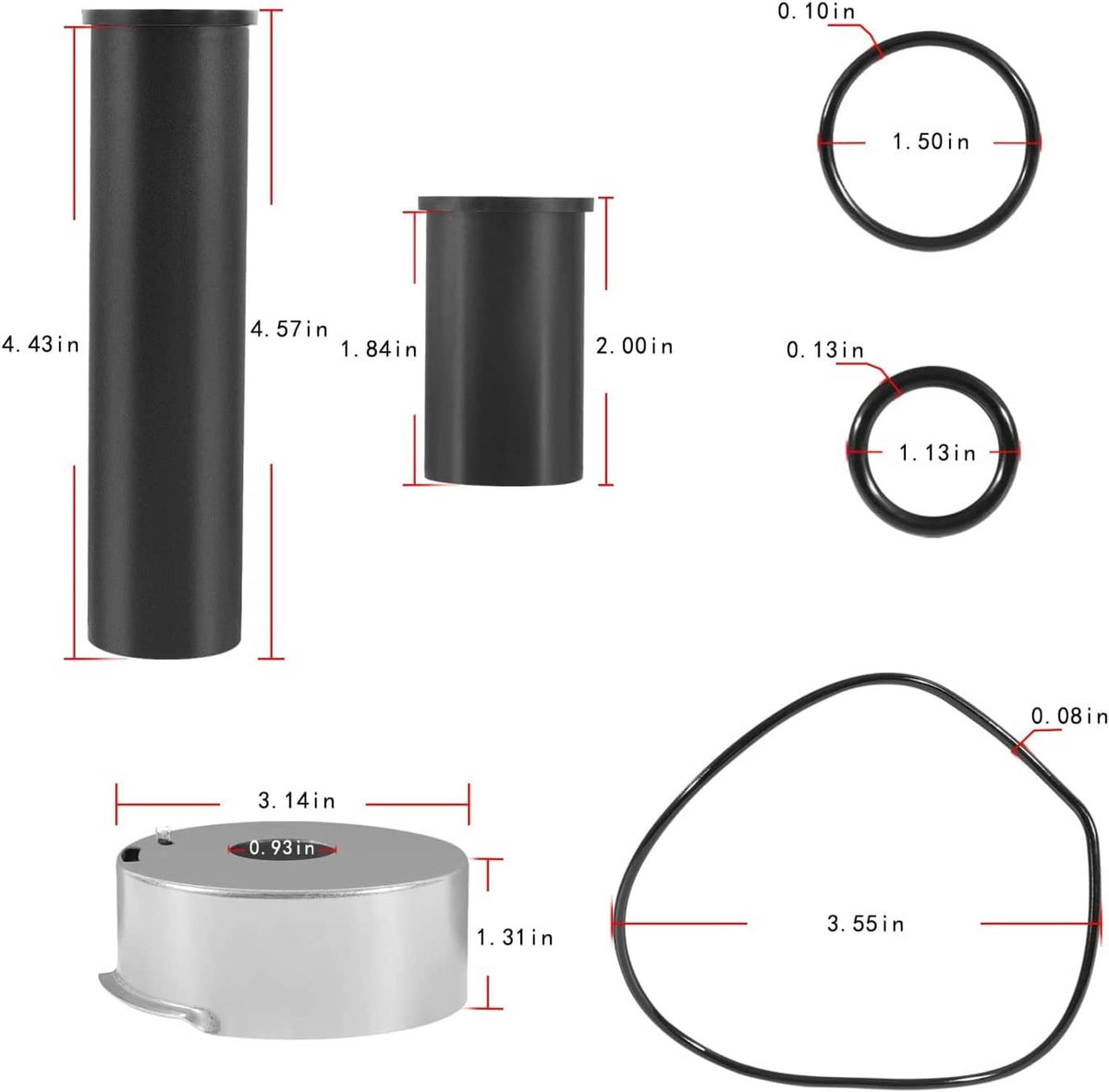 Water pump impeller kit seals and O-rings parts diagram with dimensions