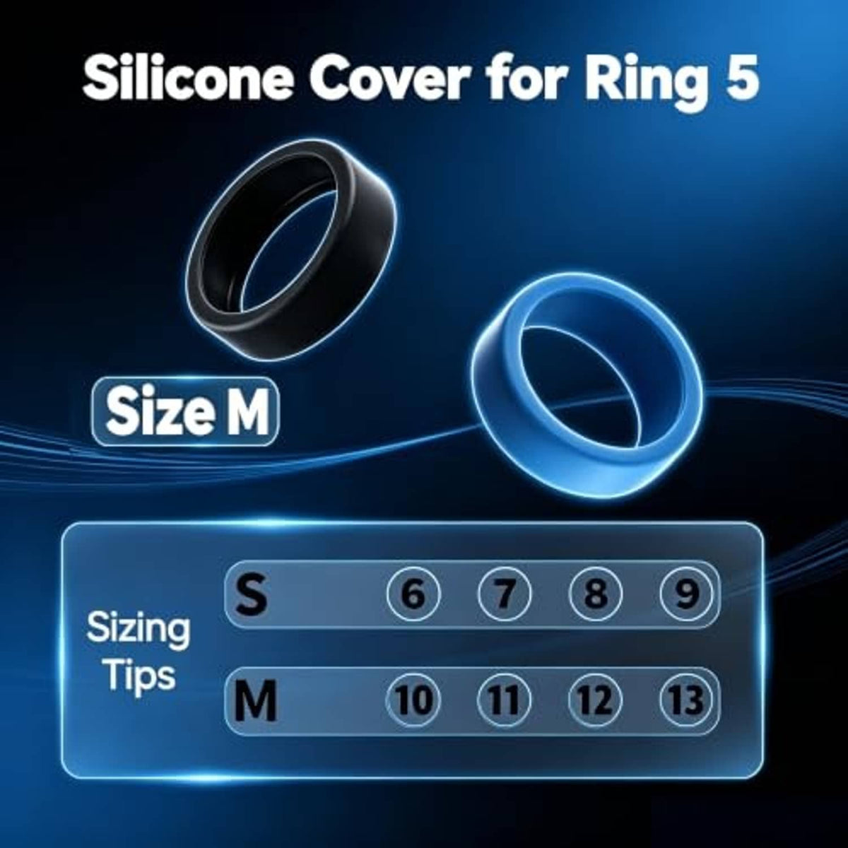 Silicone ring cover cases in black and blue with secure inner channel for smart ring