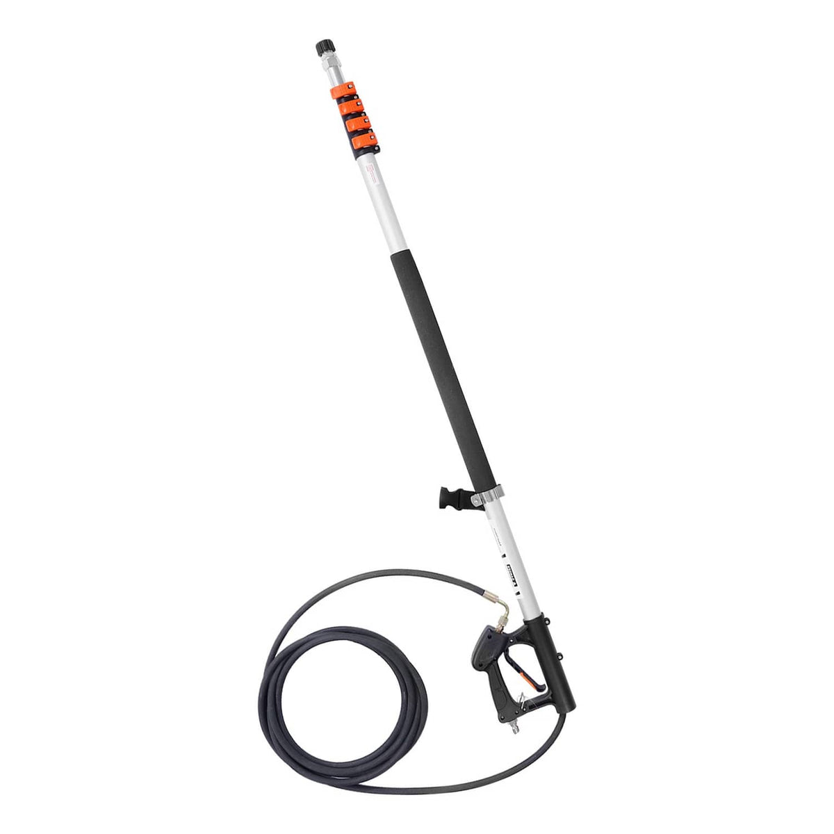 Telescoping pressure washer wand with black hose and orange spray tip