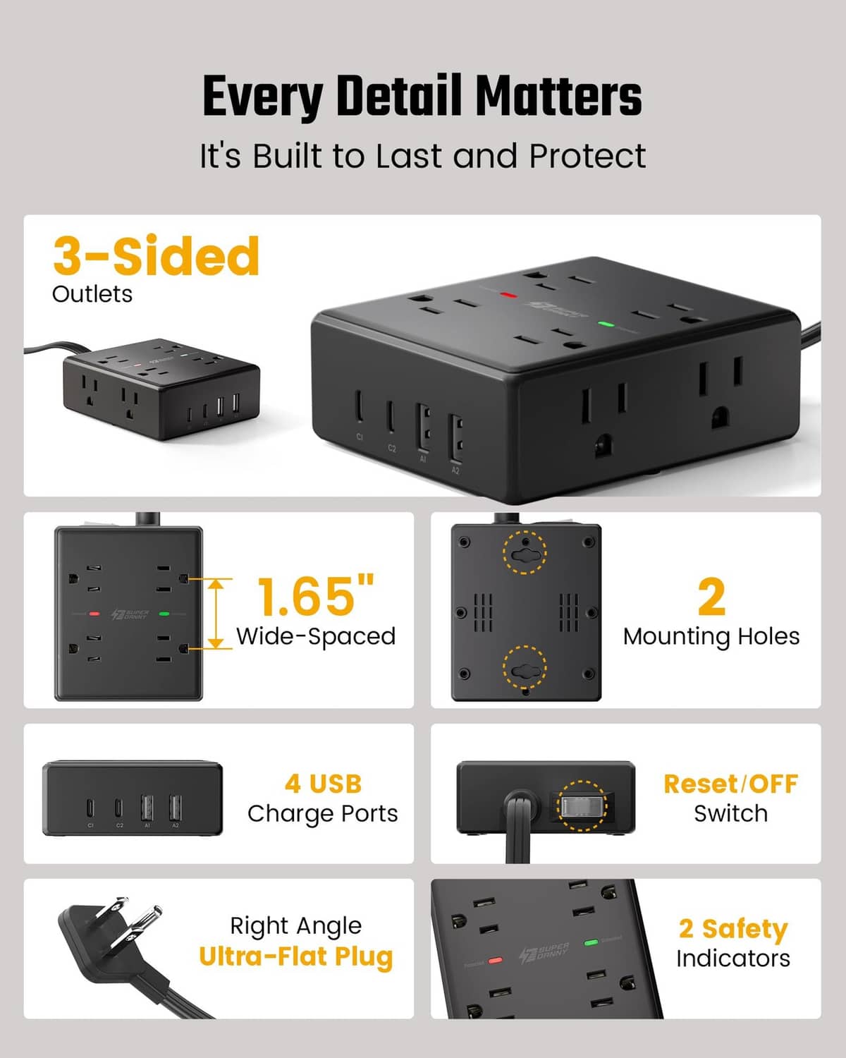 Black 12-in-1 power strip with 3-sided outlets, USB ports, and safety indicators