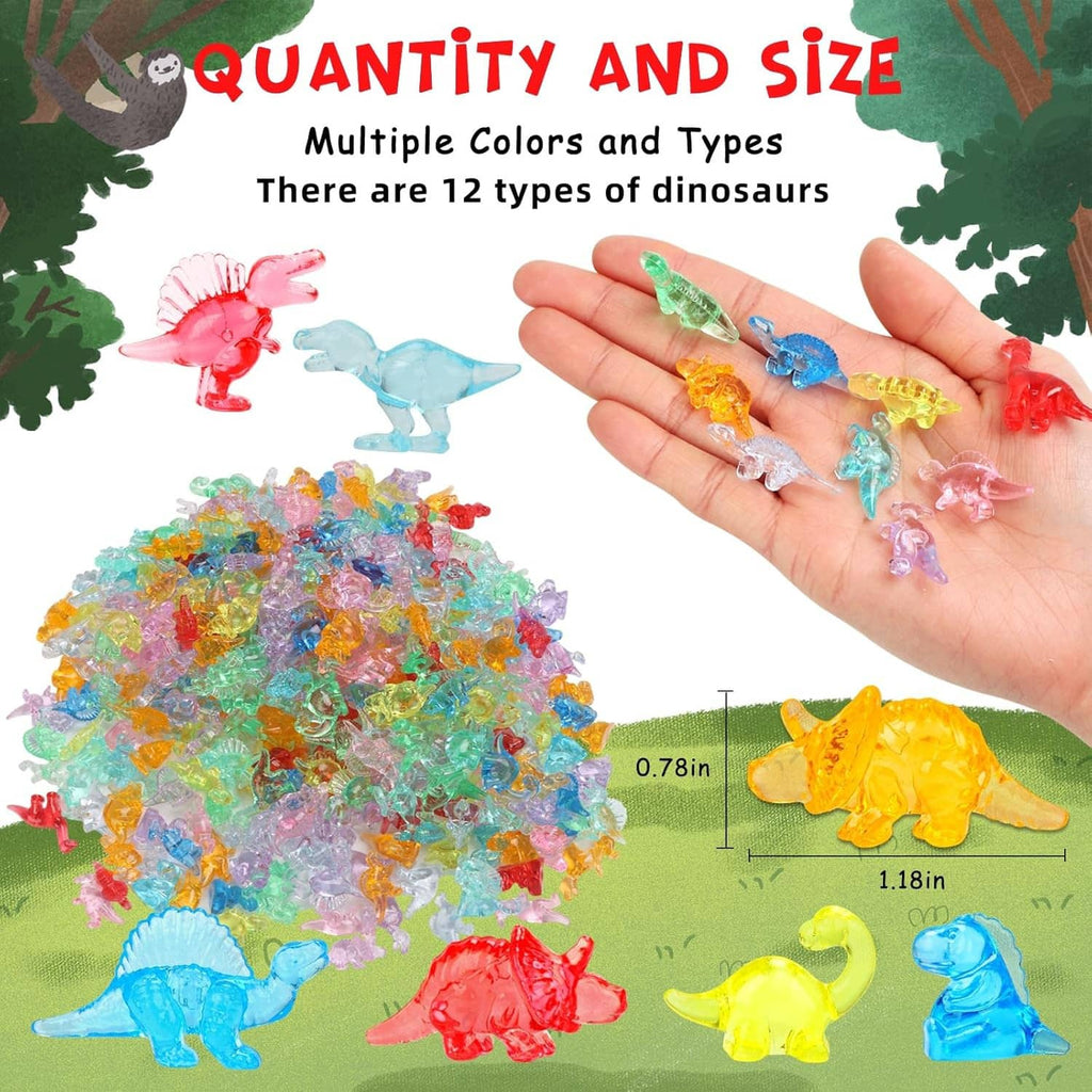 Mini resin dinosaur figures in the palm, multicolored translucent pieces