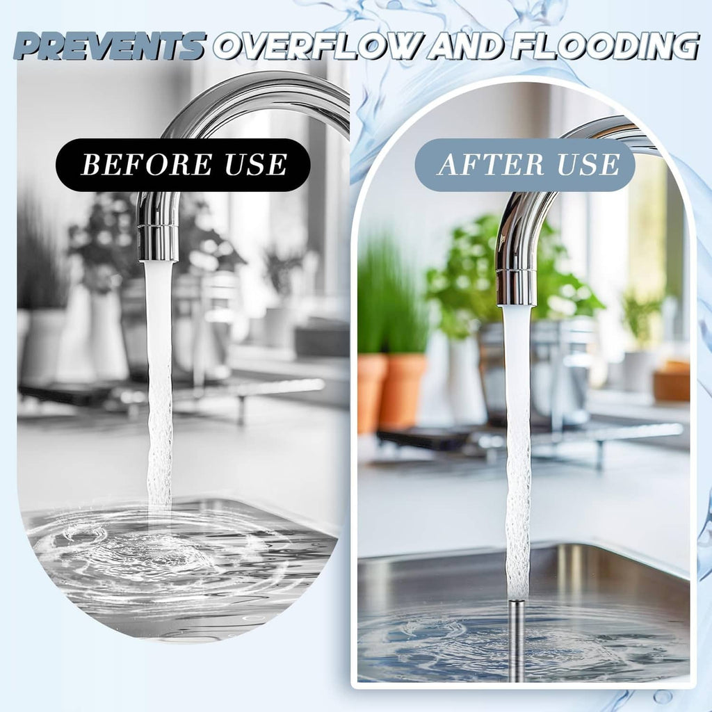Sink overflow pipe with silver tube and black base, with water running