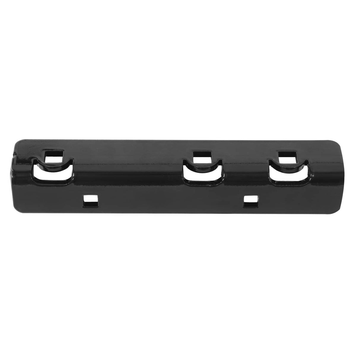 Black mounting bar with three U-shaped slots for attaching a chute blocker