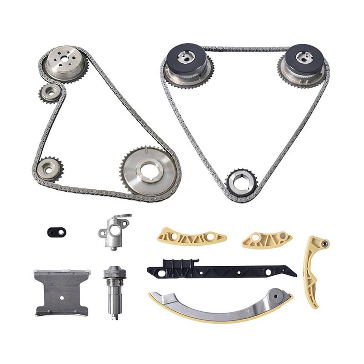 Timing chain kit contents: timing chains, cam sprockets, water pump, gasket set, guides