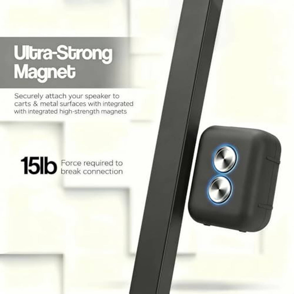 Black silicone speaker case with two top buttons and magnetic attachment