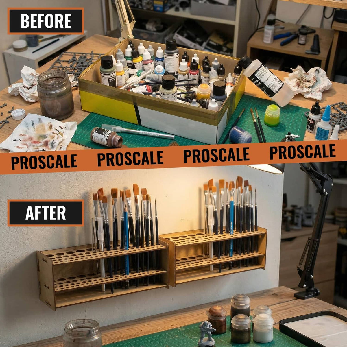 Two wooden brush organizers shown installed in a studio workshop with paint supplies