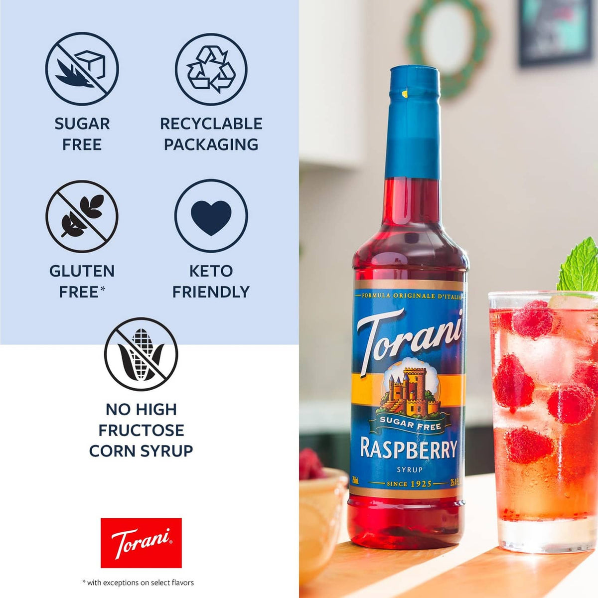 Sugar-free peach syrup bottle beside icons for sugar-free and recyclable packaging