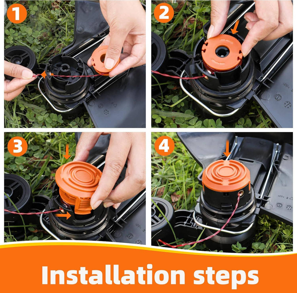 Installation steps showing hands loading orange trimmer line spool into trimmer head