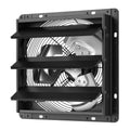 Black wall-mounted exhaust fan with four curved louvers and grille, front view