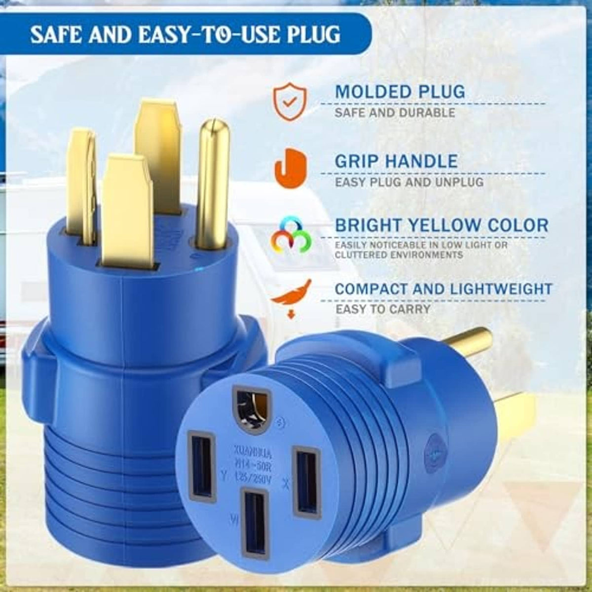 Blue 4-prong adapter plug with gold prongs, molded plug and cable end