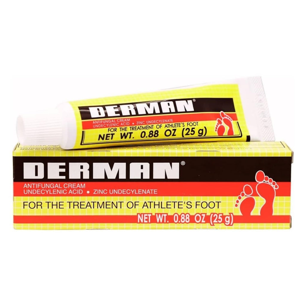 Derman antifungal cream tube with matching athlete's foot box, red and yellow labels.