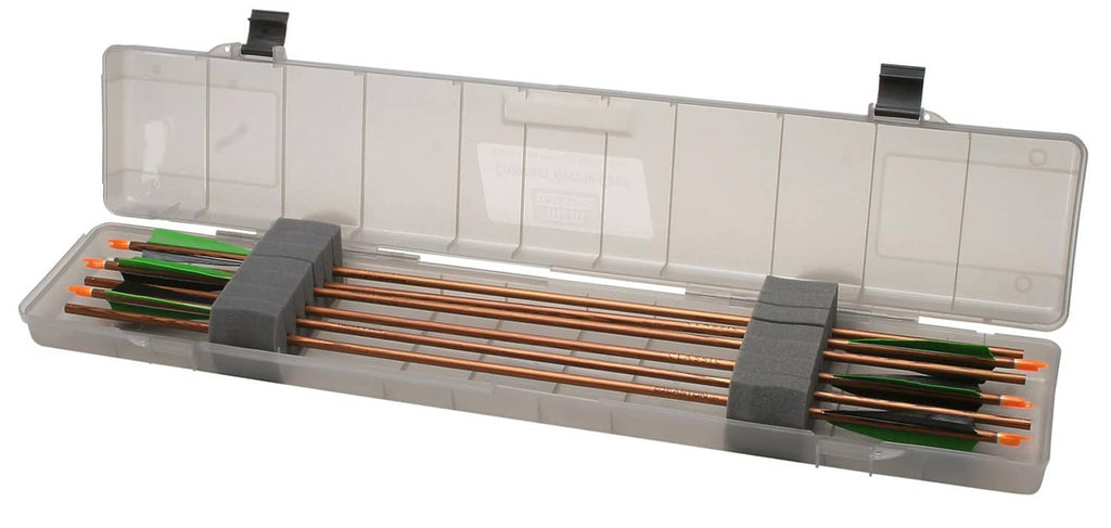 MTM Compact arrow case, open smoke plastic with arrow slots and capped arrows inside