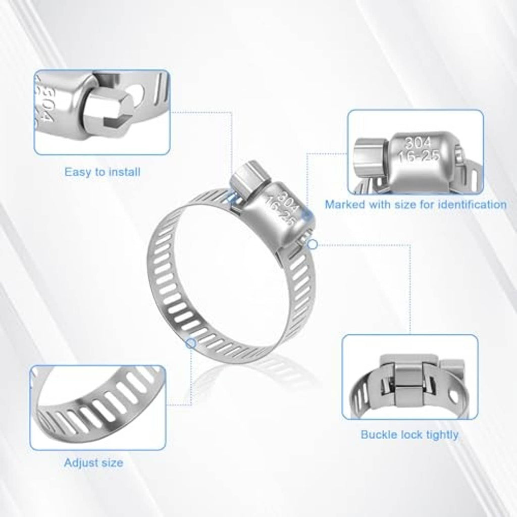 Stainless steel hose clamp with size marking and locking buckle on adjustable band.