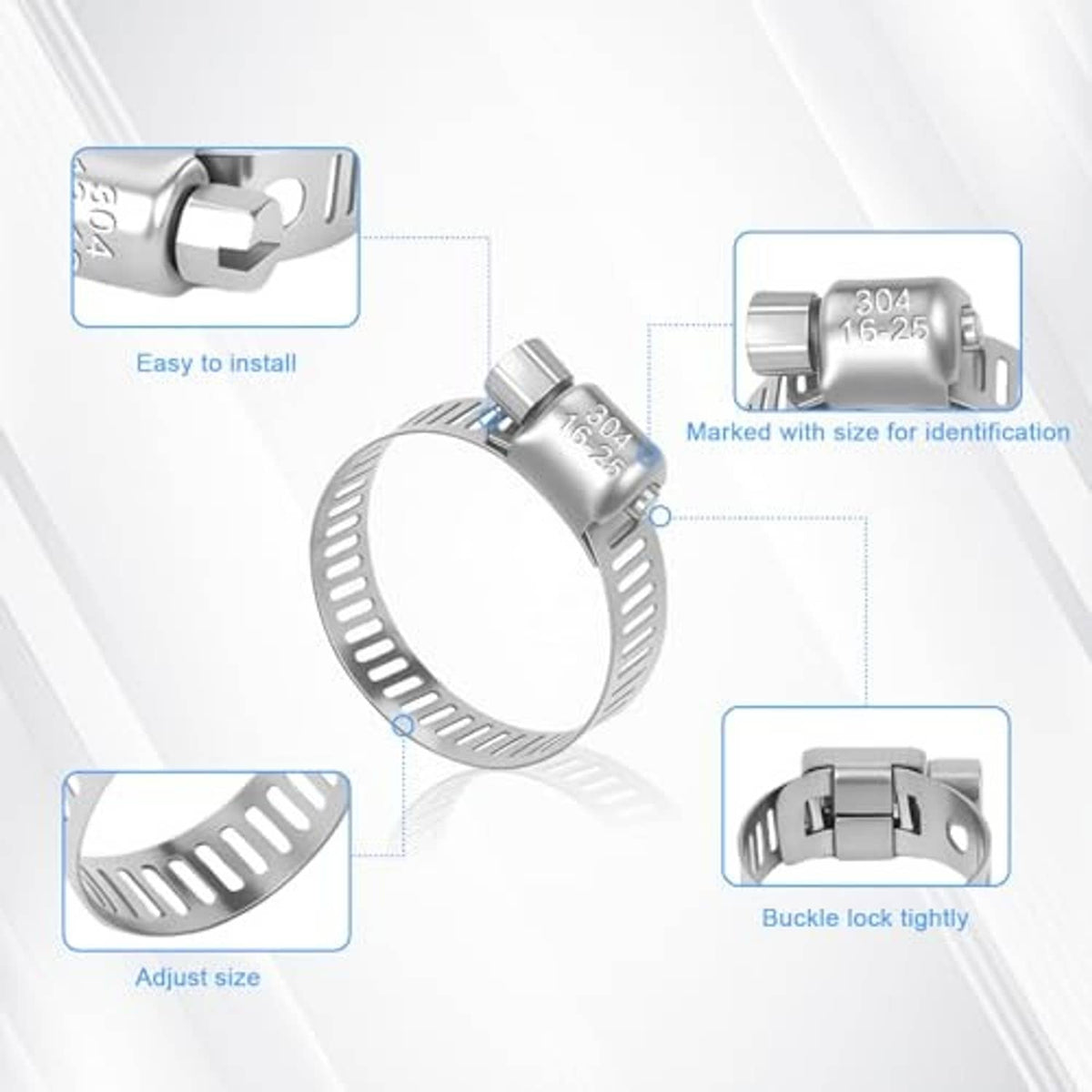 Stainless steel hose clamp with size marking and locking buckle on adjustable band.