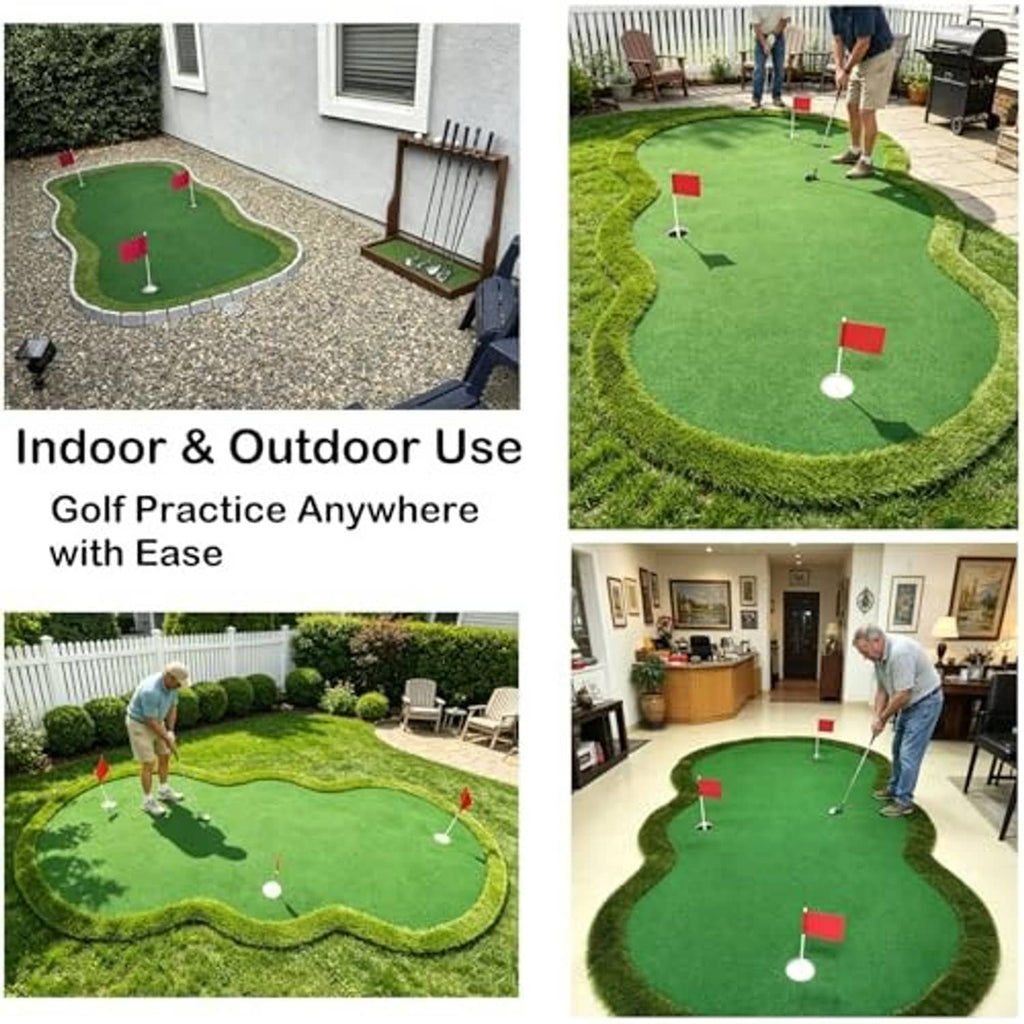 Golf putting green mat shown in multiple indoor and outdoor practice setups