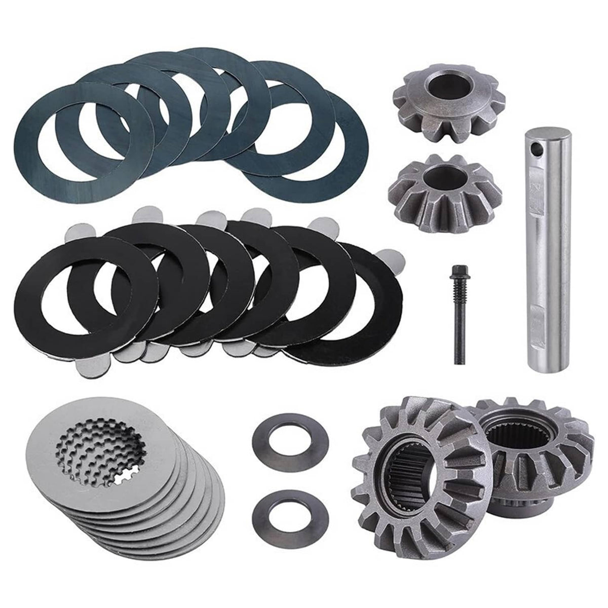 Limited-slip differential clutch pack kit with steel friction discs, side gears, and pins