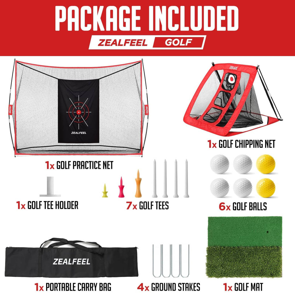 Golf practice net package with carry bag, ground stakes, tee holders, and balls
