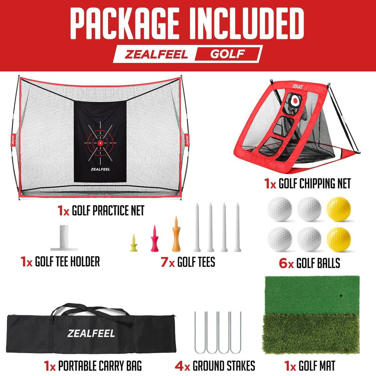 Golf practice net package with carry bag, ground stakes, tee holders, and balls