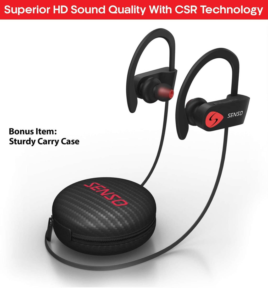 Black wireless earbuds with mic and included hard shell carry case