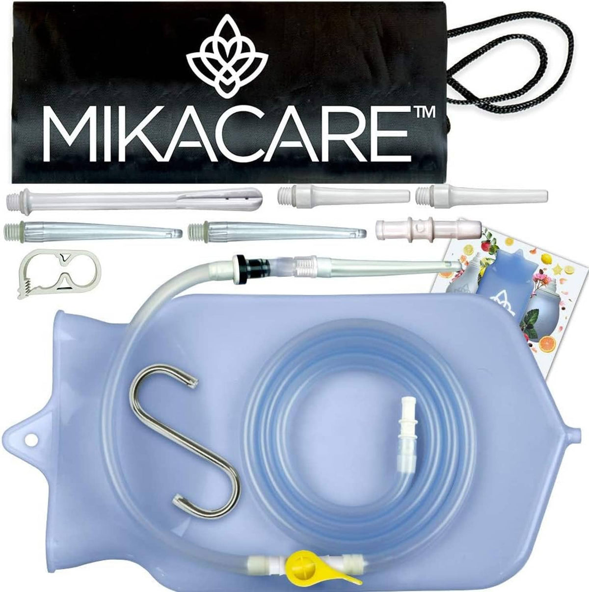 Enema bag kit with blue silicone reservoir and clear hose assembly, fittings, and nozzle