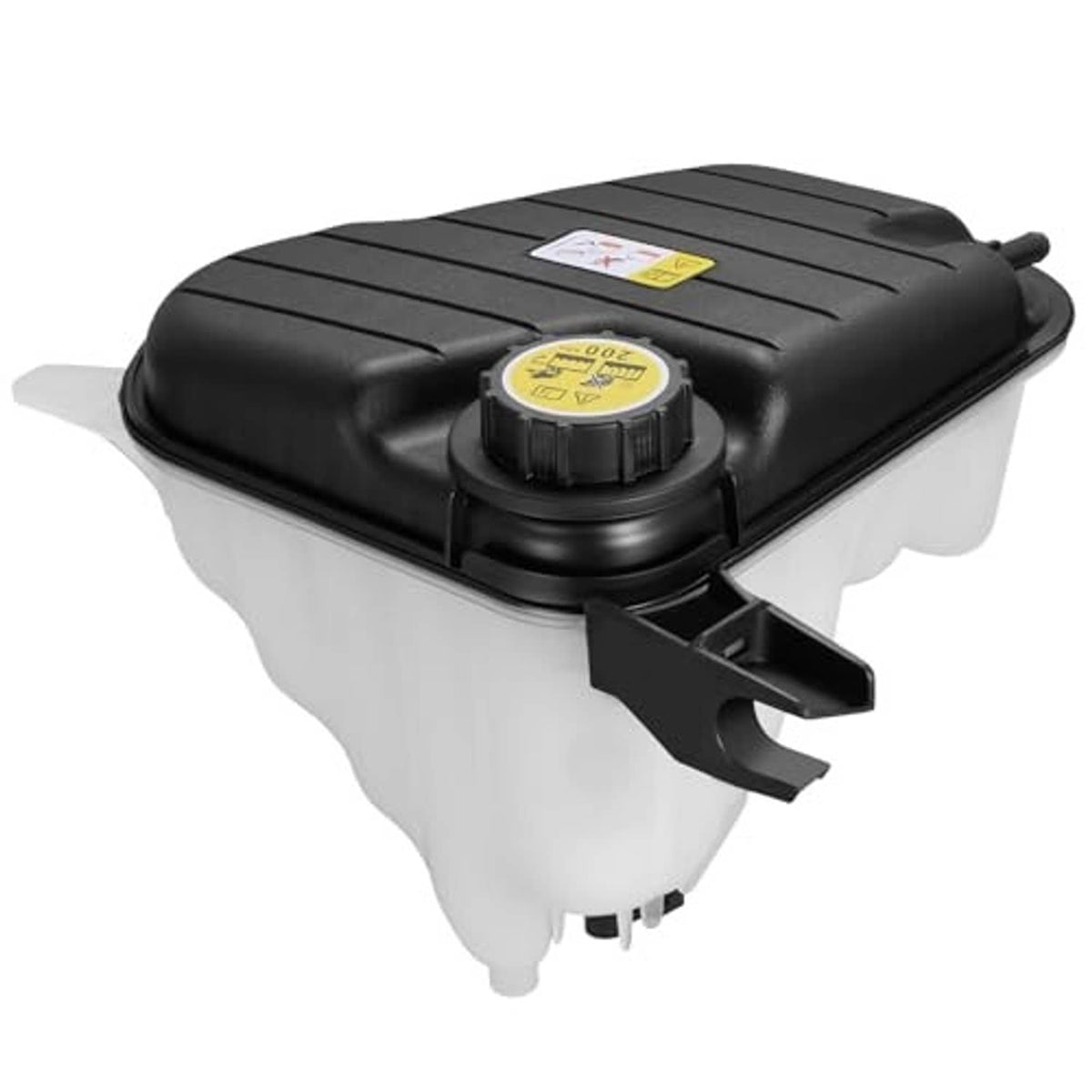 Black coolant reservoir tank with yellow-labeled cap and side mounting bracket