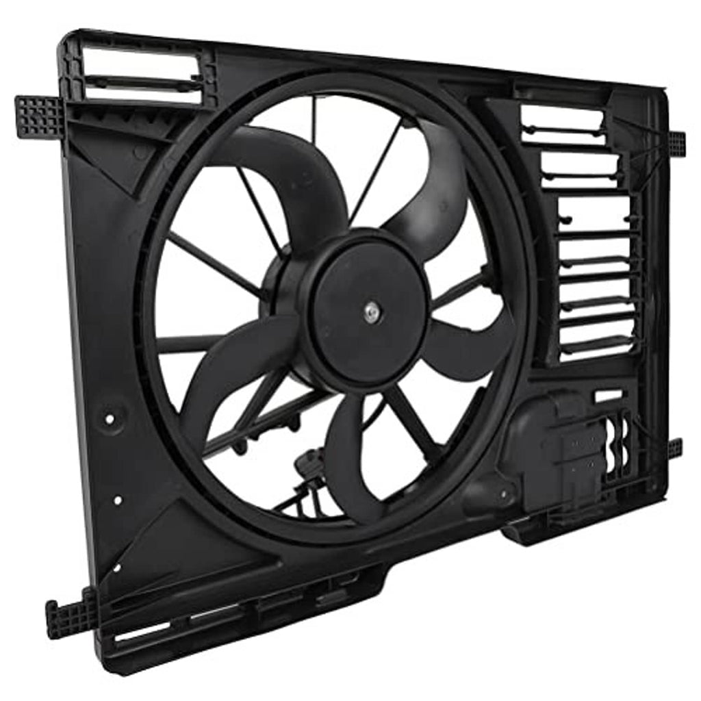 Black radiator fan assembly angled side view with cooling fan and vent grille fins